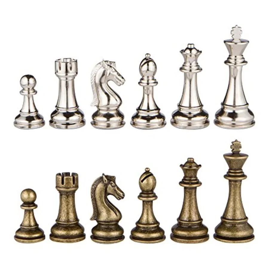 

Chess pieces for tournament play, metal alloy in silver and bronze finish, 3.5-inch king height, includes extra queens, pieces