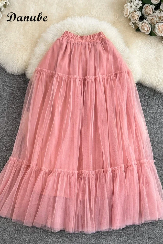 Vintage Tutu Tulle Pleated Long Skirt Women Spring Summer Elegant Design Luxury High Waist Mesh A-line Party Skirt Faldas Saias