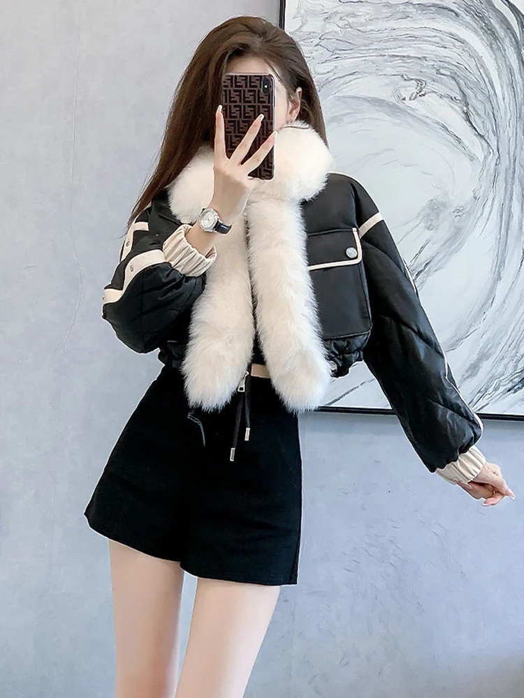 2024 Winter Warm PU Leather Coats Faux Fox Fur Jacket Big Fur Collar Short Jacket Fashion Black Cotton Padded Lady Down Jacket