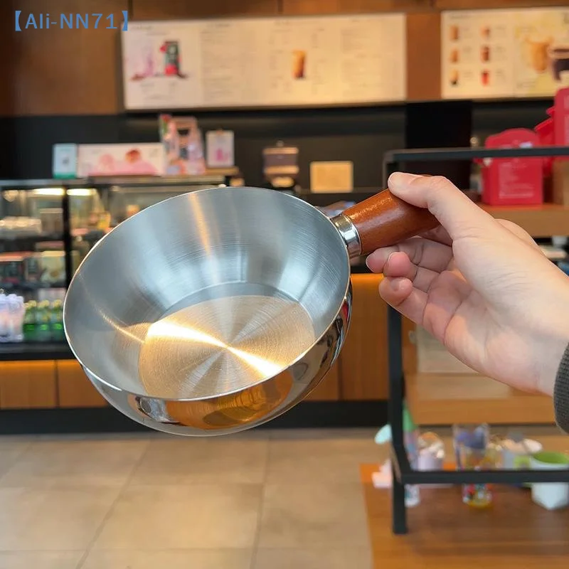 【NN71】1PC Single-person Pot Stainless Steel Bowl Walnut Wood Handle Fruit Salad Yogurt Bowl Breakfast Cooking Tool