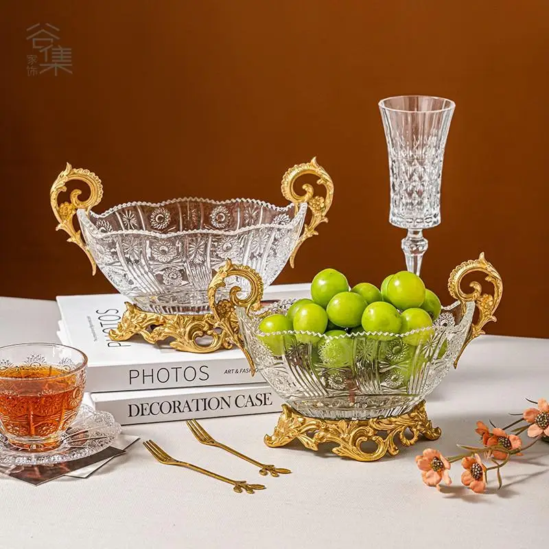 

Retro ship crystal glass binaural fruit bowl high-grade brass fruit plate living room desktop coffee table home decoration ornam