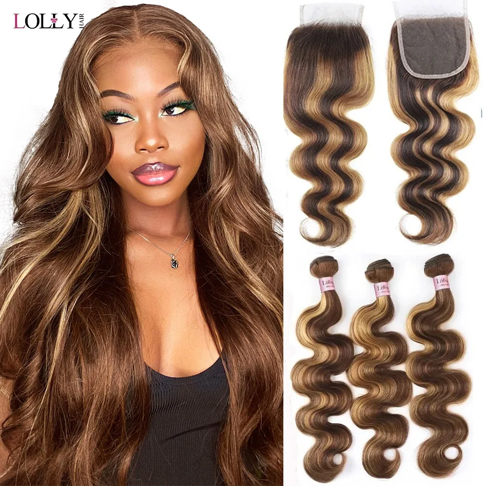 4x4 Closure With Bundles Highlight Body Wave Bundles With Closure Honey Blonde Colored Human Hair Bundles With Closure Free Part