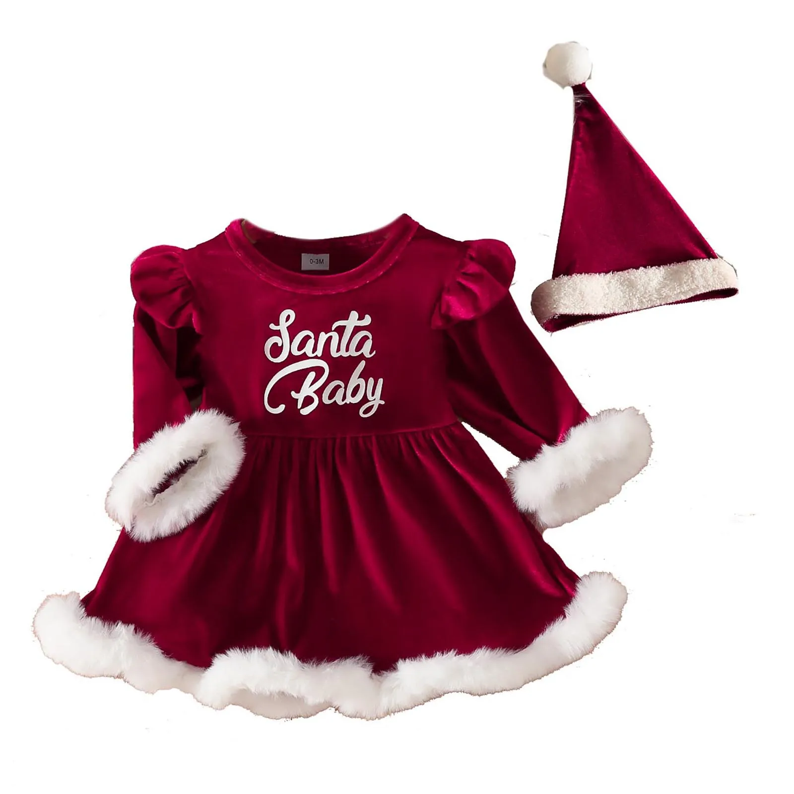 

2023 2Pcs Baby Girls Toddlers Christmas Costume Round Neck Long Sleeve Fluffy Plush Velvet Dress Romper Jumpsuit with Santa Hat