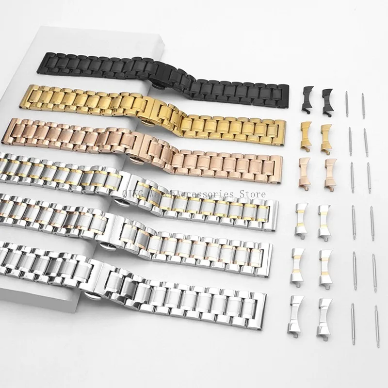 Curved End Solid Stainless Steel WatchBand Universal Men Women Metal Strap Sport Replacement Bracelet Butterfly Buckle Wristband