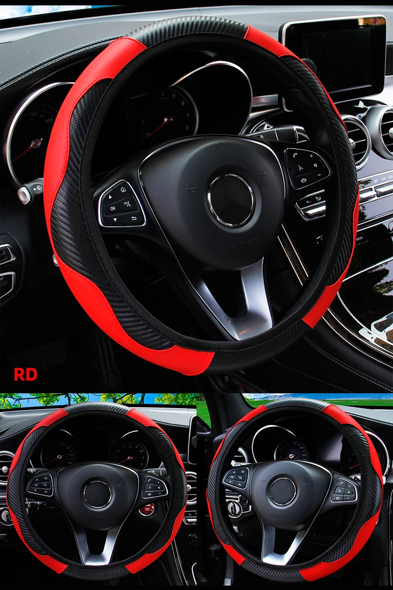 Auto Lenkrad Abdeckung Atmungsaktive Anti Slip PU Leder Lenkung Abdeckungen Geeignet 37-38,5 cm Auto Dekoration Carbon Faser – Detail 6