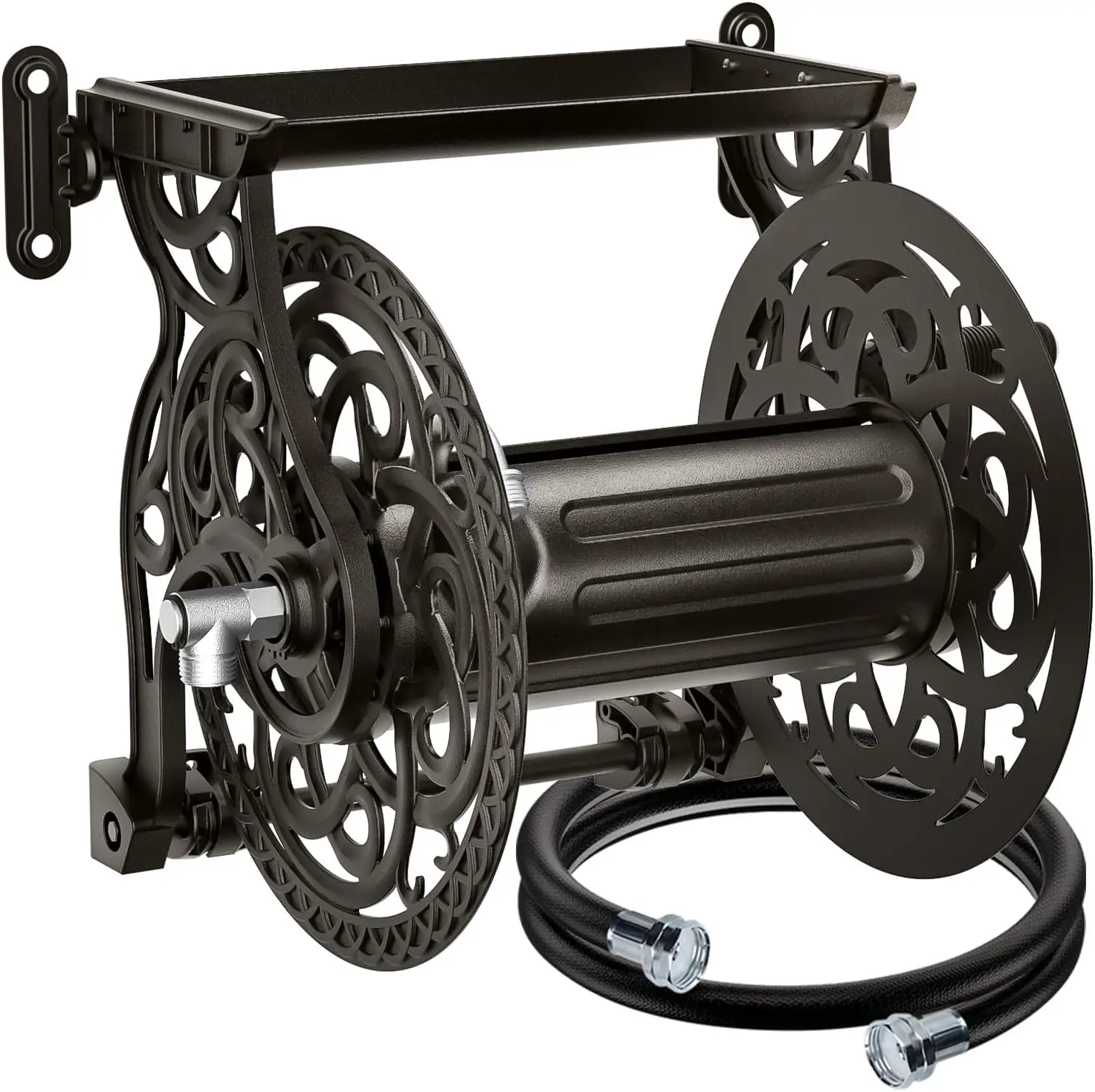 Dark Bronze Decorative Aluminum Frame Wall Mount Garden Hose Reel No-Leak Water System Easy Assembly Holds 125ft 5/8 Inch Hose Heavy Duty Outdoor Water Hose Storage Holder