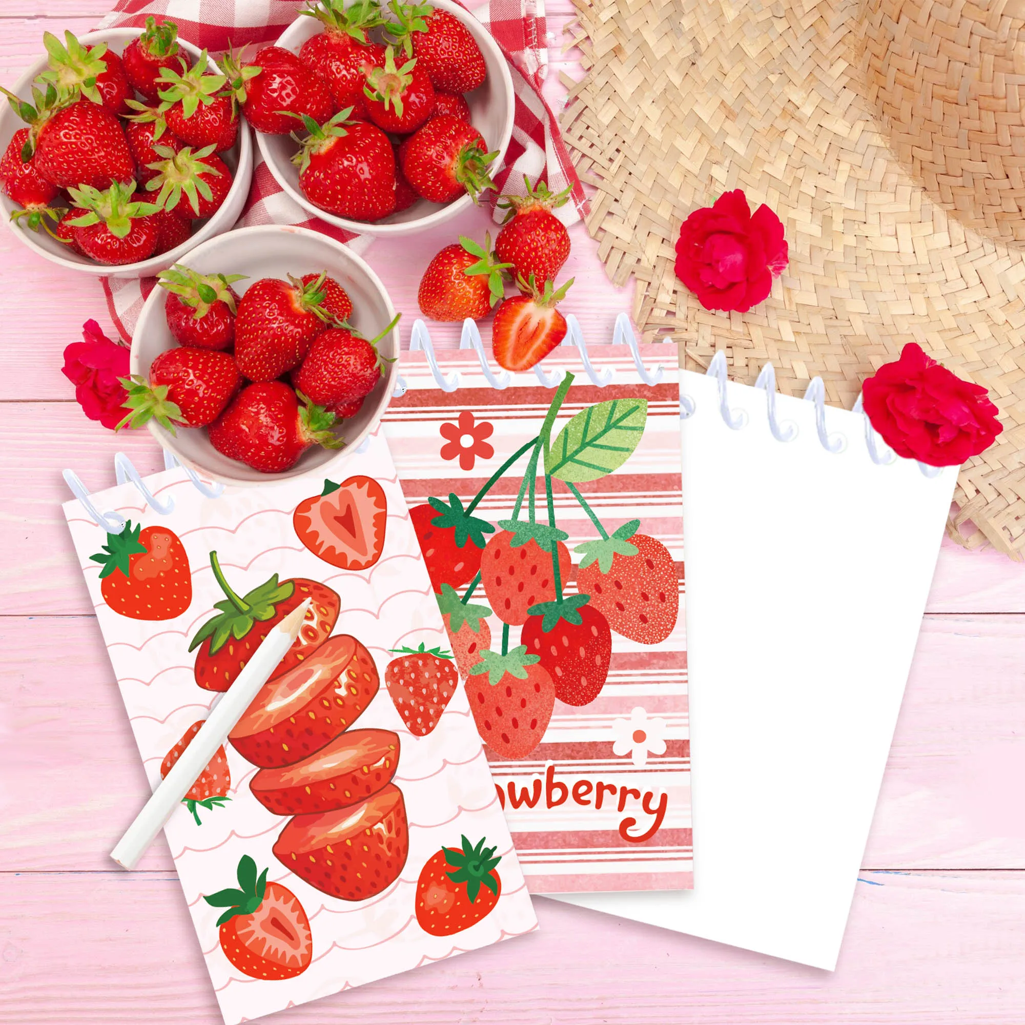 8/16/24pcs Strawberry Vertical Mini Spiral Pocket Notebooks,Coil Booklet Notepads For Birthday Gifts Office School Stationery