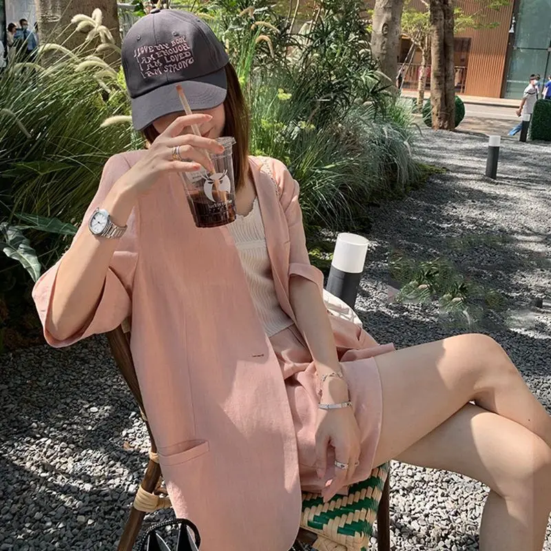 Insozkdg الراقية رقيقة البدلة سترة للنساء صيف جديد الكورية موضة الخامس الرقبة قصيرة الأكمام الصلبة فضفاض سترات غير رسمية النساء بلايز