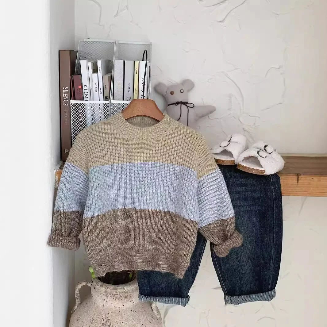 Children's Sweater Autumn Baby Kids Clothing Color Blocked Bottom Broken Hole Boys' Trendy Knitted Top Kids Sweaters for Boys