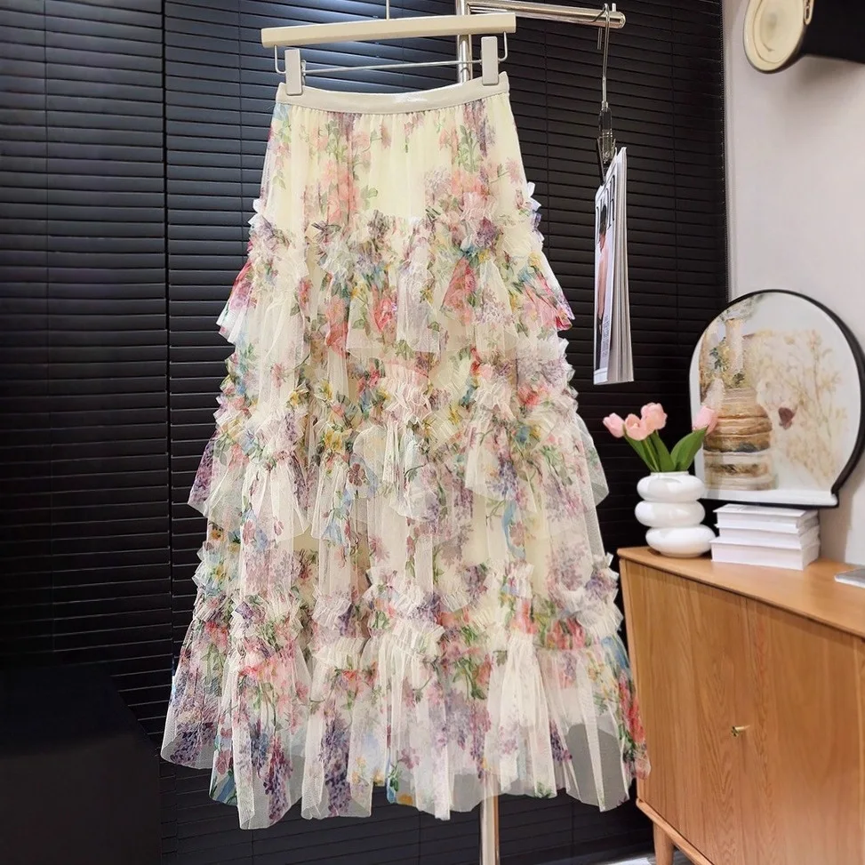 

Юбка-полусолнце из тюля с принтом, женская, с цветочным узором, плиссированная, с оборками, элегантная, приталенная, с драпировкой