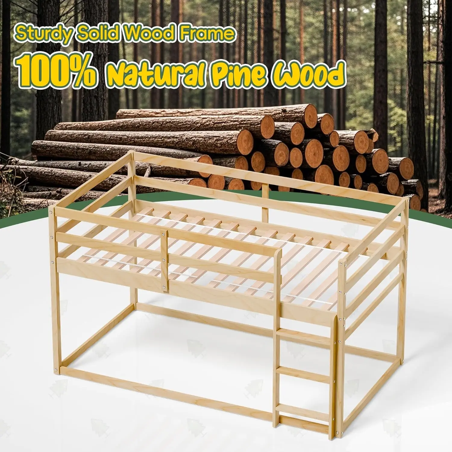 سرير بطابقين منخفض للأطفال، إطار خشبي مزدوج مع درابزين، طبيعي