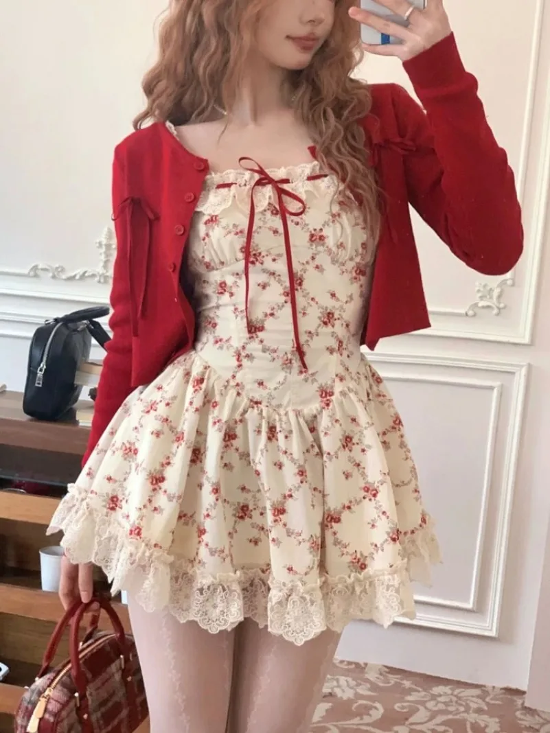 Sweet Cottagecore  Two Piece Set Women 2024 Red Knitted Cardigan +Cute Mini Dress Female Floral Print Casual Floral Dress Suit