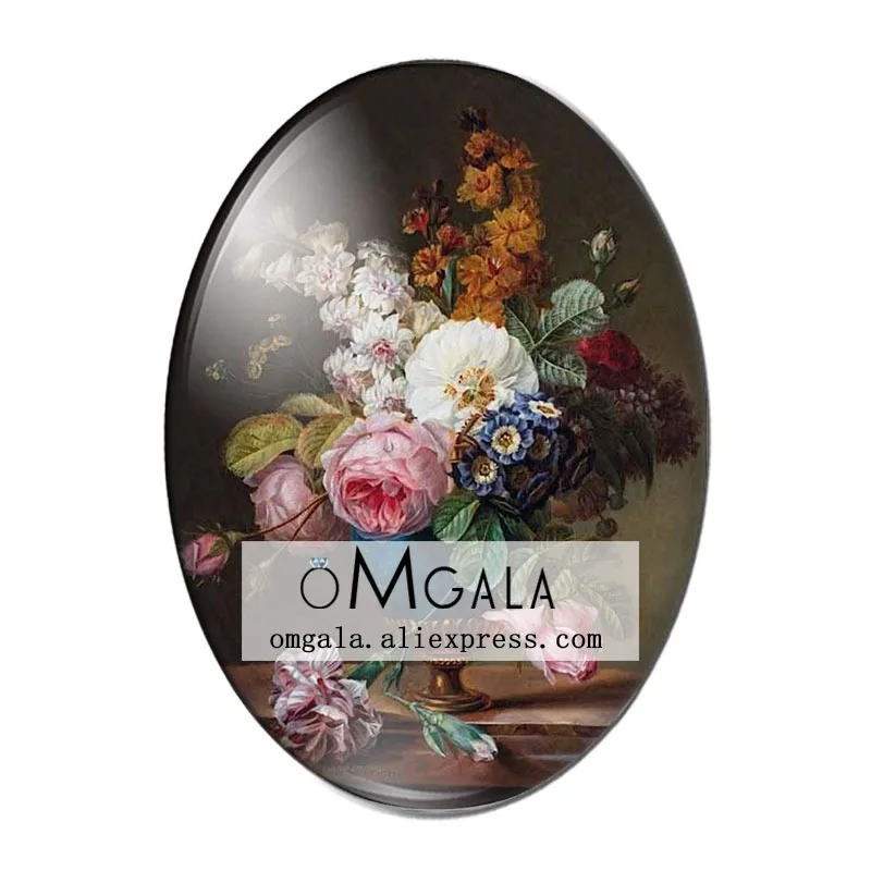 Vintage Oil Painting Rose Flowers 10pcs 13x18mm/18x25mm/30x40mm Oval photo glass cabochon demo flat back Making findings