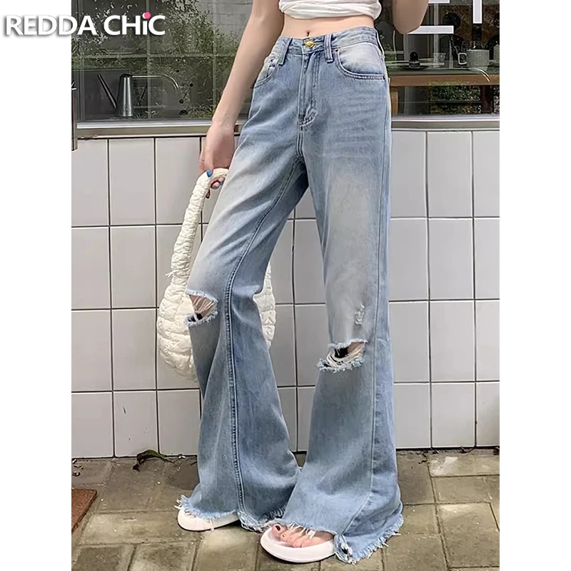 

REDDACHiC Destroyed Whiskers Flare Jeans Women Cleanfit High Waist High-Low Raw Edge Bootcut Denim Pants Casual Korean Clothes