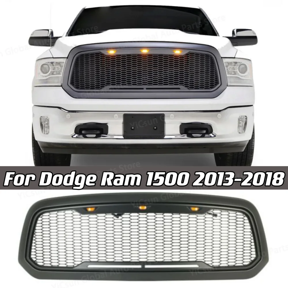 Grade dianteira do carro para Dodge Ram 1500 2013 2014 2015 2016 2017 2018, capô superior favo de mel, luz LED