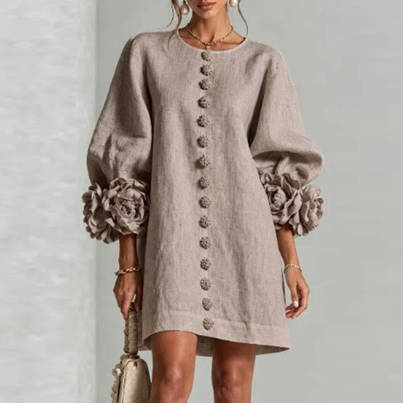 Elegant Solid Dresses Women Round Neck Lantern Sleeve 3D Flower Cuff Decorative Button Loose Short Dress Casual Streetwear Dress