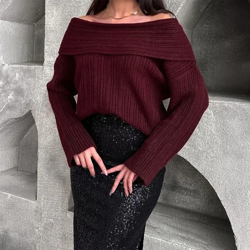 Women Fashion Sweater Fall 2024 Oversized Sexy Bias-Neck Pullovers Loose Thermal Knit Long Sleeve Casual Tops Elegant Party Wear