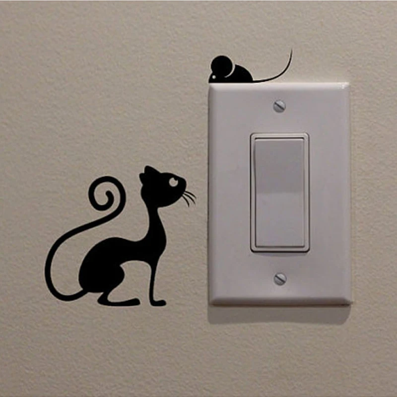 T176# Cute Animals Cartoon Cat And Mouse Wall Stickers Switch Stickers For Home Decorative Living Room Bedroom Decals Wallpaper