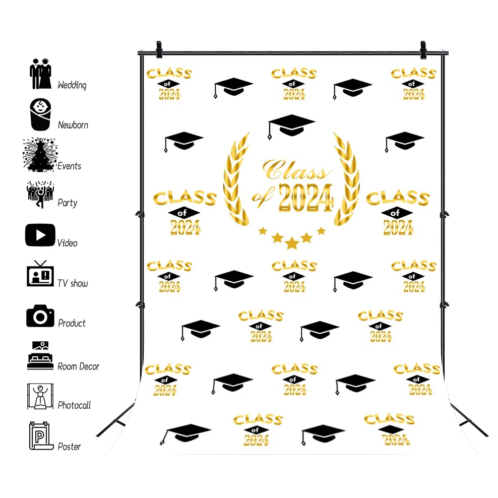 Congratulazioni 2024 sfondo festa di laurea Decor Poster berretto da scapolo palloncino d'oro pois sfondo fotografico nero