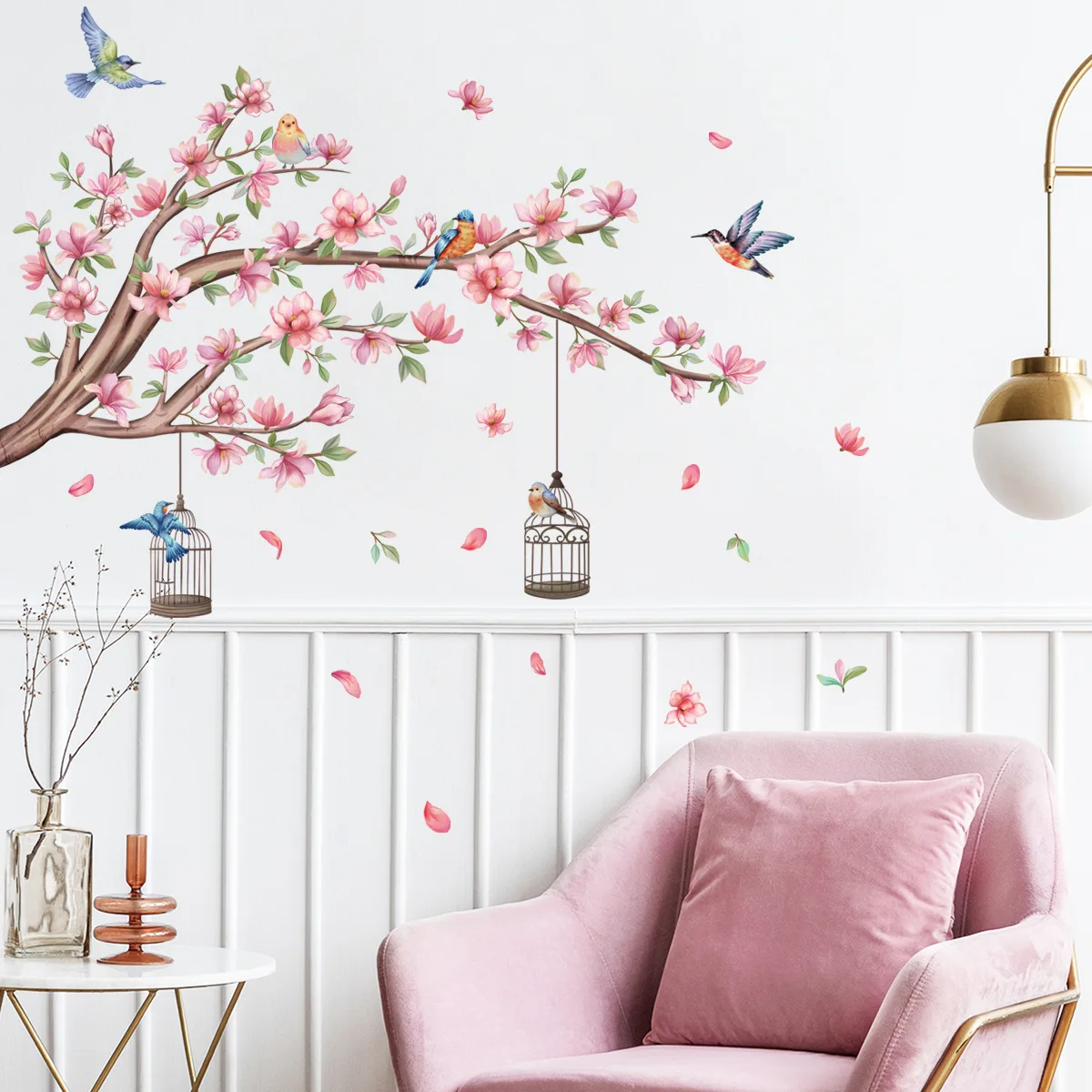 2pcs Branch Bird Peach Blossom Cartoon  Wall Sticker Cute Creative Background Wall Living Room Bedroom Decoration Wall Sticker