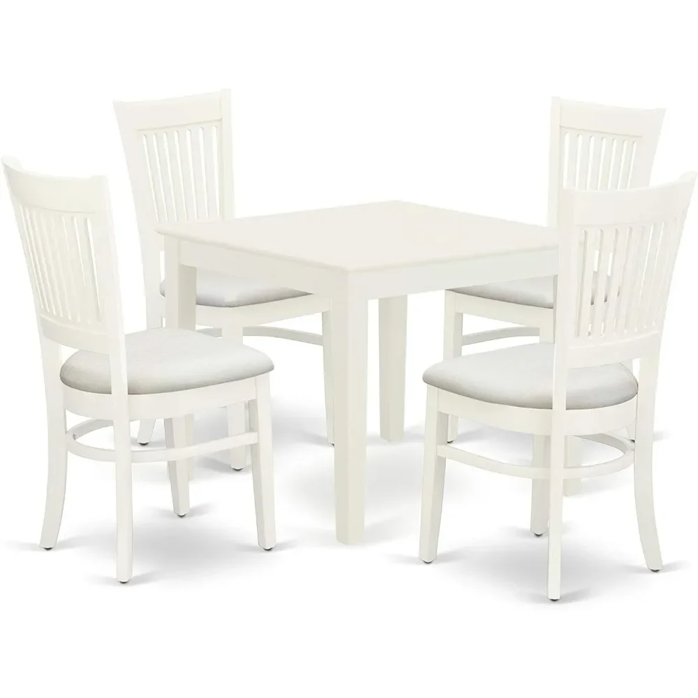 Oxford 5 Piece Room Set Includes a Square Wooden Table and 4 Fabric Kitchen Dining Chairs, 36x36 Inch, Linen White