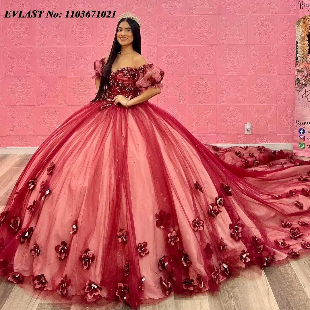 Evlast Mexican Mint Groene Quinceanera Jurk Baljurk 3d Gebloemde Kanten Kralen Korset Sweet 16 Vestidos De Anos Sq359