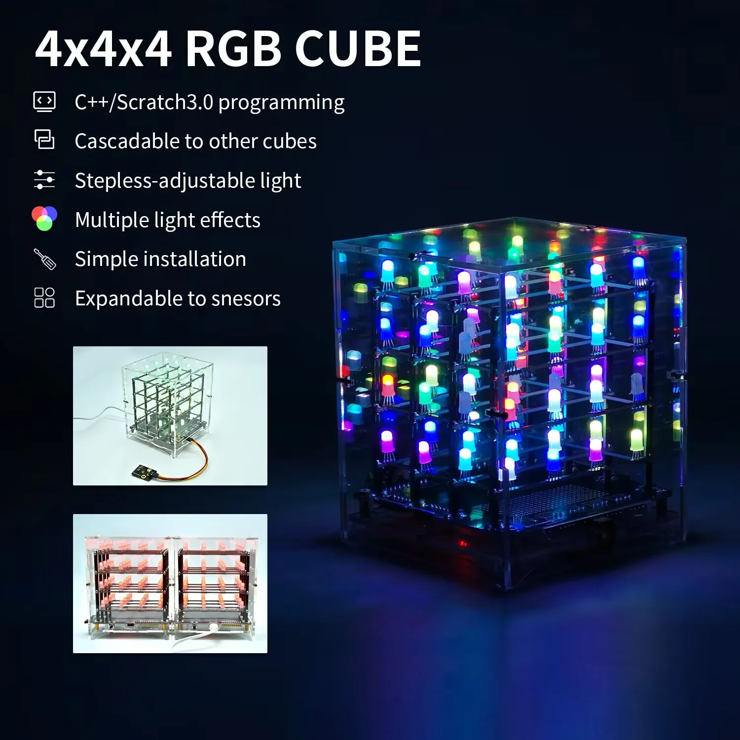 Keyestudio 4x4x4LED RGB CUBE Cube Main Control  Board Lighting With Button Module Sound Sensors For Arduino DIY Kit