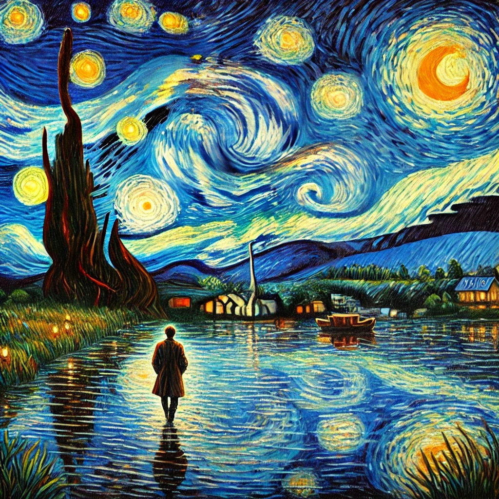 Starry Night Walking Landscape Oil Paintings on Canvas, Handpainted Wall Art Picture for Living Room,Home Decorative Artwork