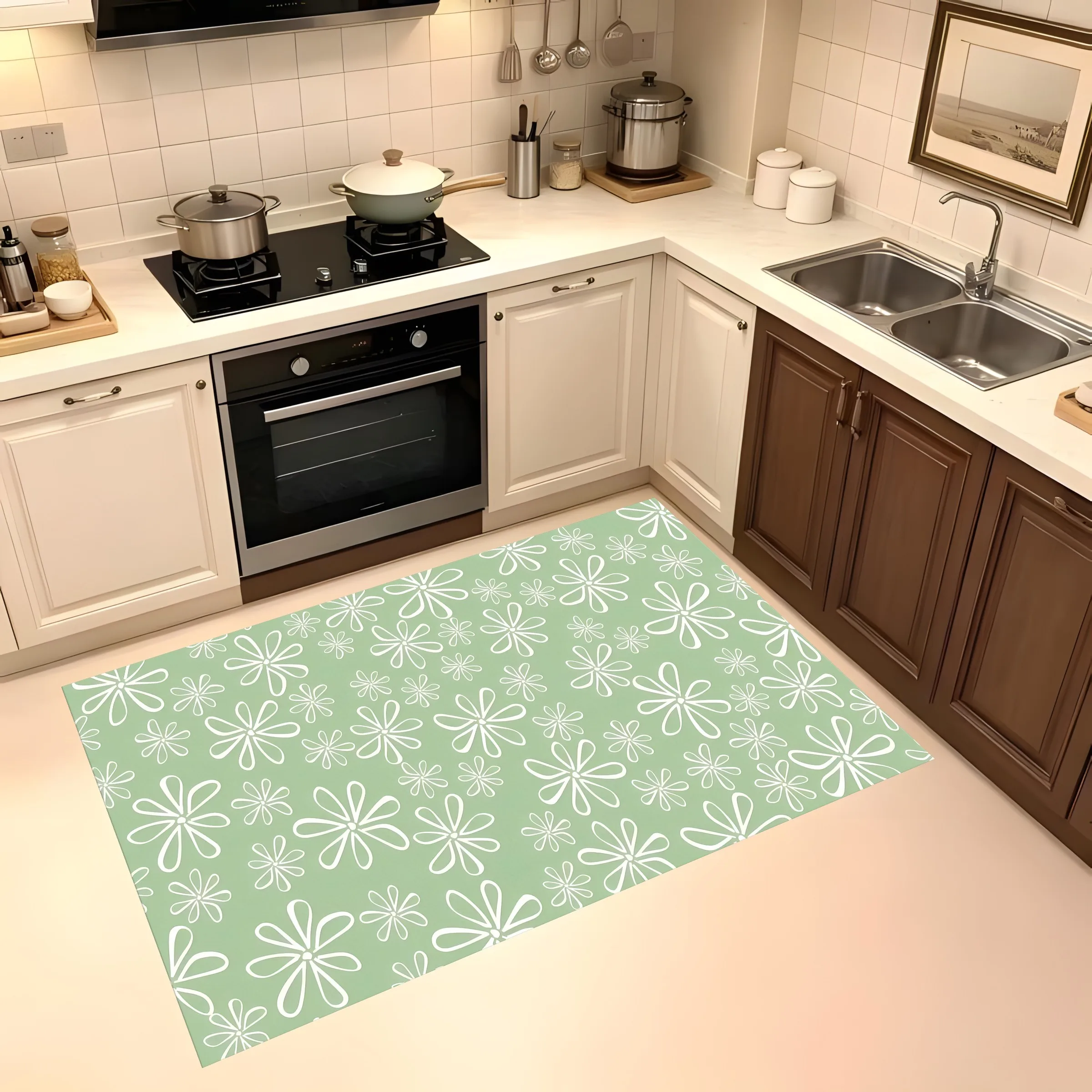 Light Green White Line Small Flower Rug Soft Velvet Area Carpet Living Room Bedroom Bedside
