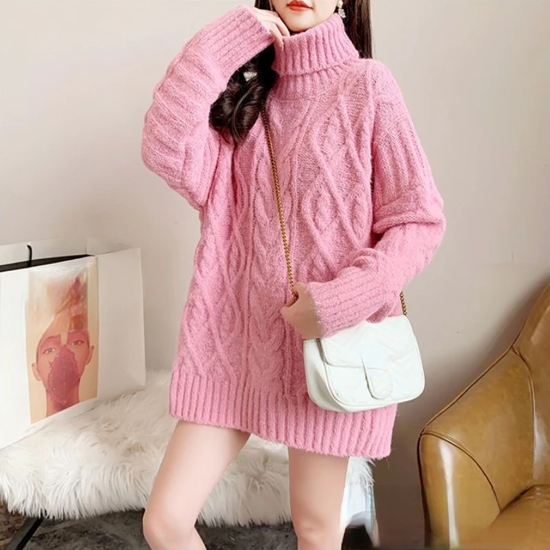 DAYIFUN-Women's Loose Knitted Pullovers Mid Length High Neck Fried Dough Twists Ladies' Jumpers Autumn Winter New Sweaters 2023