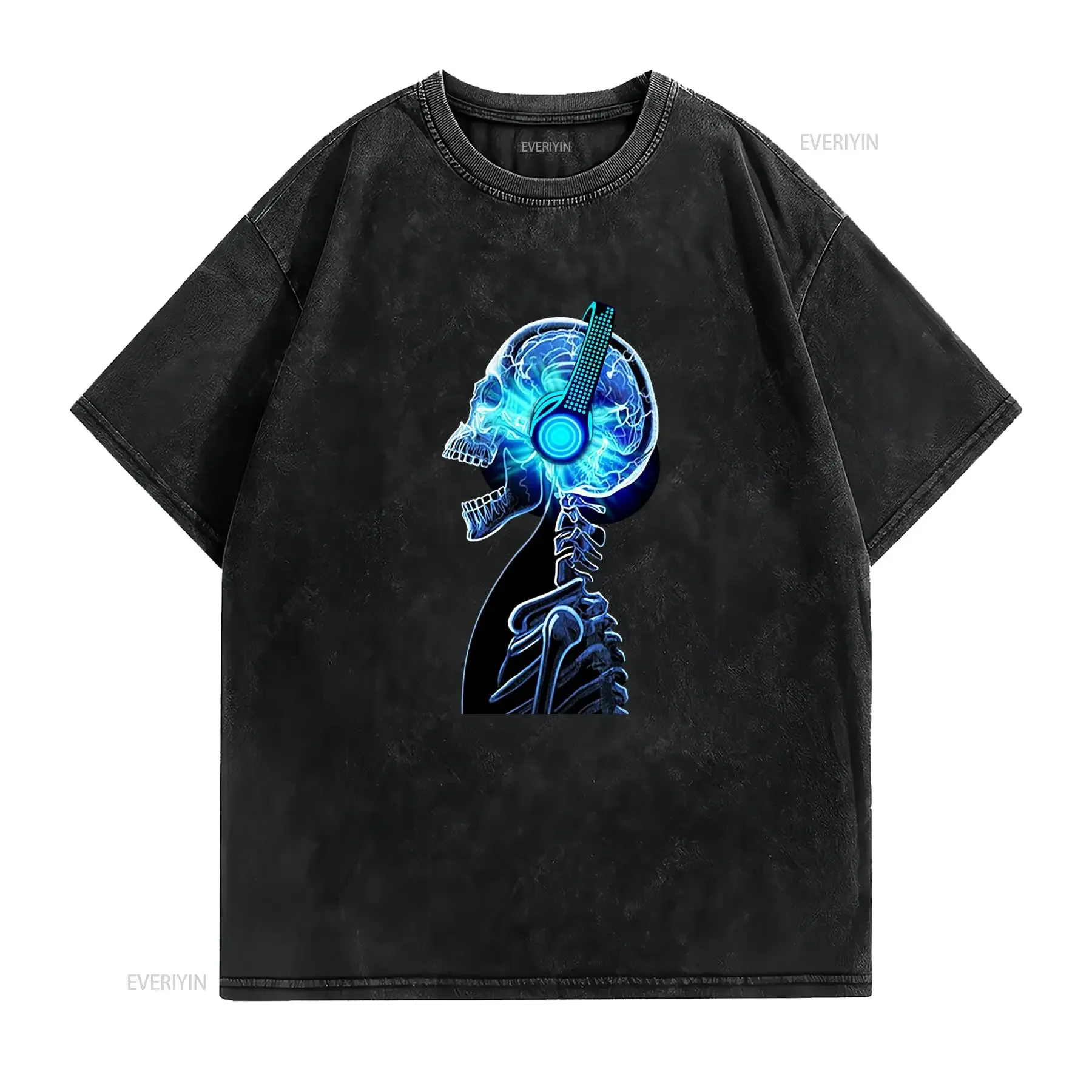 Lydaktiveret LED gl?de i m?rket T shirt med musiknode hovedtelefoner neonlys til fest bl?d l?stsiddende rund hals alle s?soner