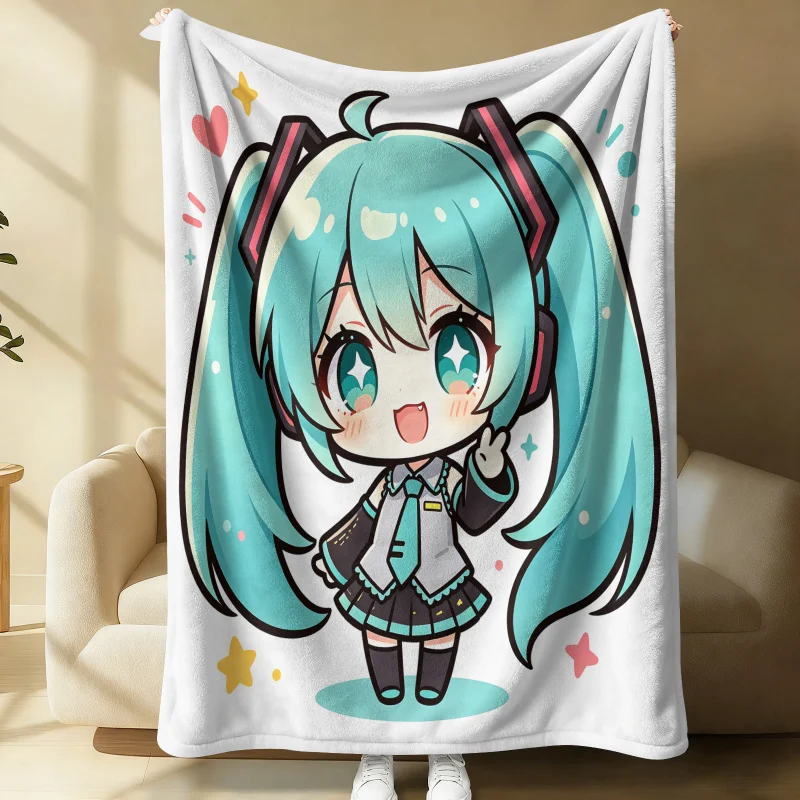 Hatsune Miku Chibi Style Flannel Throw Blanket Bedroom Decor Kawaii Anime Nap Blanket Air Conditioner Throw Sofa Throw Cover