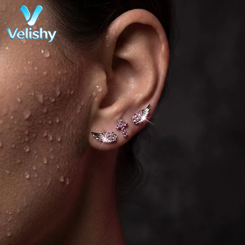 Eye-catching Pink Zircon Wing Cross Star Earrings Set Vintage Punk Style 3/4Pcs For Events
