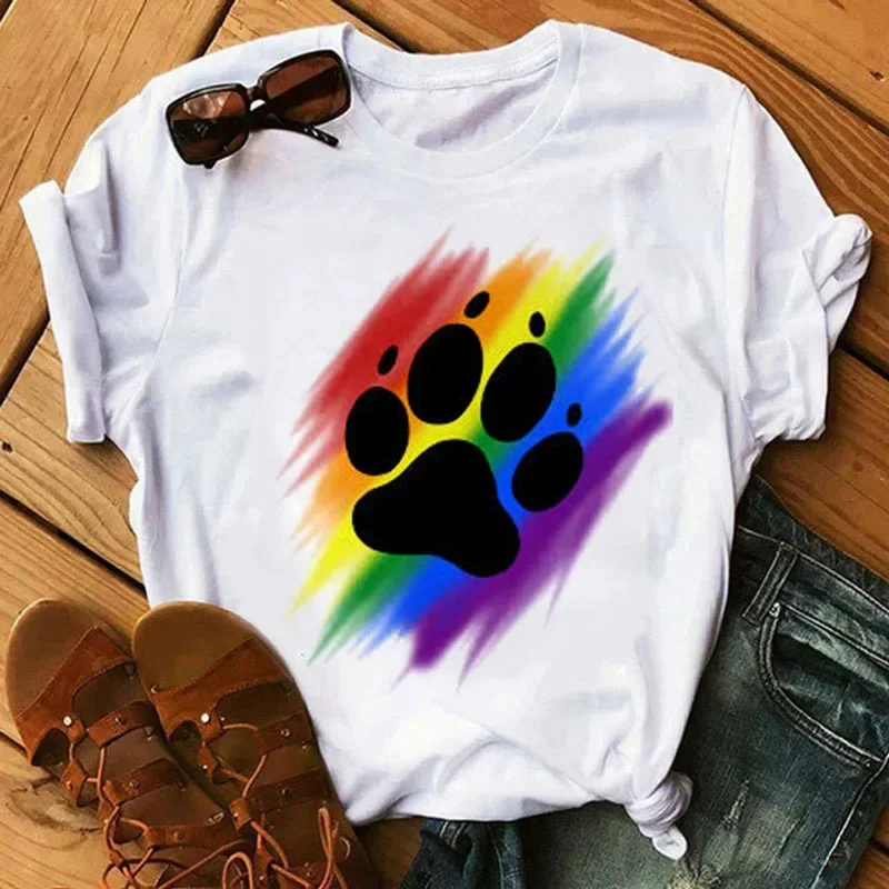 Summer Women T Shirt Heart Cat Dog Paw Print Cute Cotton Short-sleeved Casual Home Women's Tops 2024 New Fashion Clothing