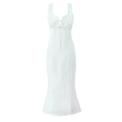 YENKYE Sexy Backless Lace Trim White Fishtail Dress Summer Women Sleeveless Midi Elegant Party Dresses Holiday Robe