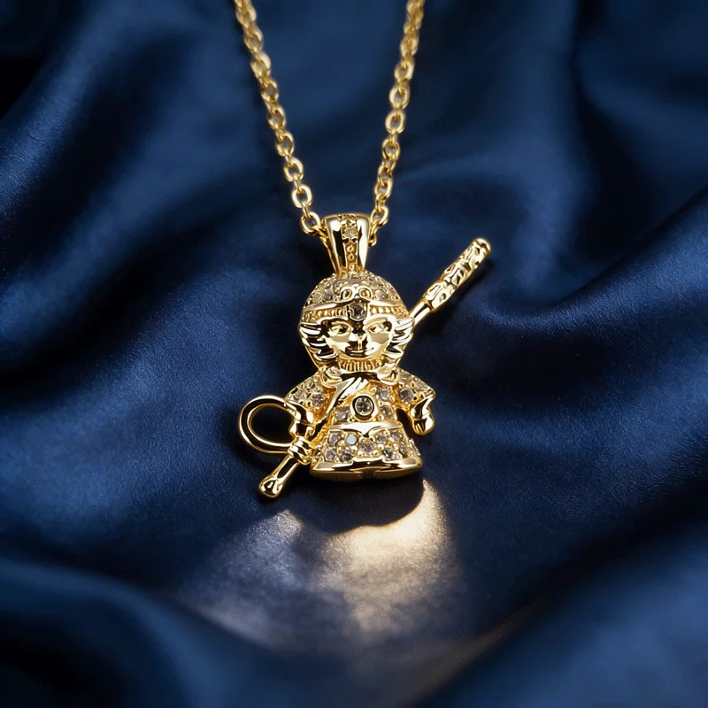 Light Luxury Copper Plated Sun Wukong Staff Clear Paved Zircon Pendant Necklace For Women Wedding Party Daily Fashion Gift