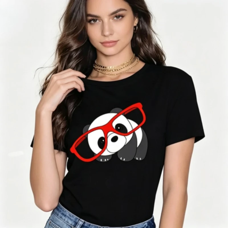 Women Slim Crew Neck T‑Shirt Cute Panda With Red Glasses Graphic Print Short Sleeve Funny Animal Casual Ladies Fashion Tees