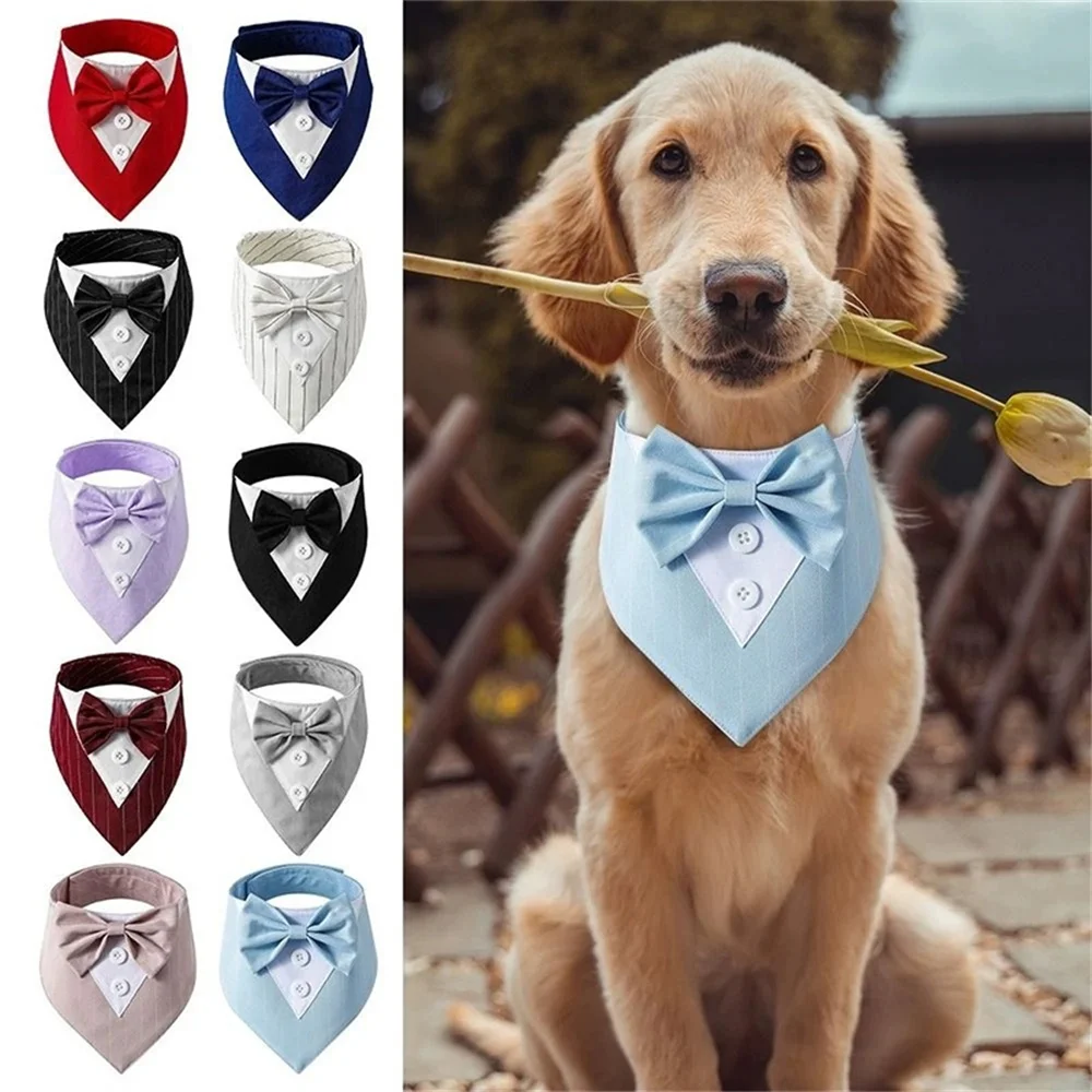 Wedding Big Dog Triangle Scarf with Bow Tie Handsome Pet Bandana for Small Large Dogs Golden Retriever Shepherd Labrador Bibs