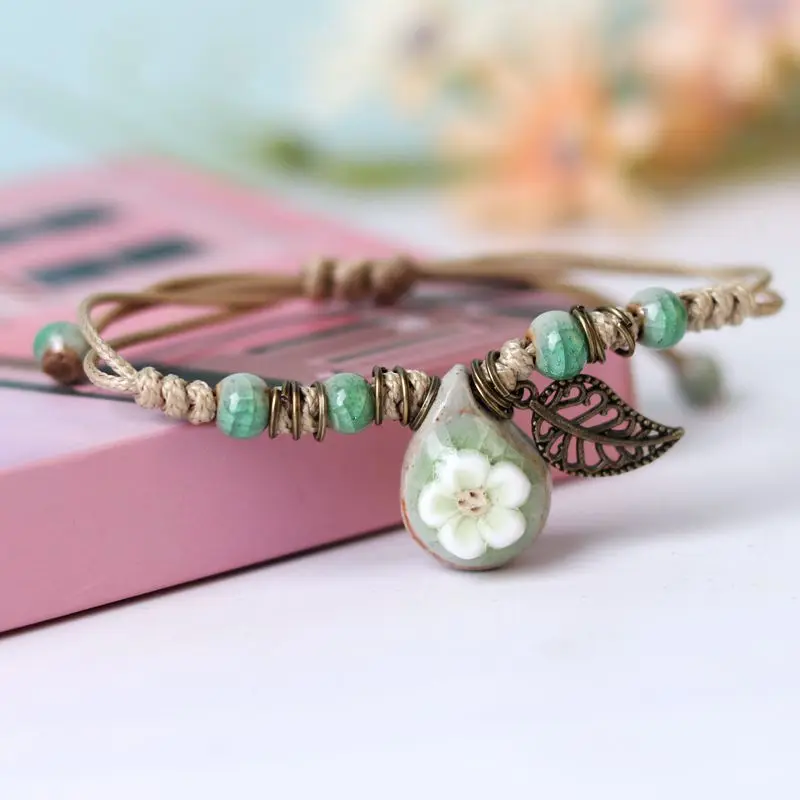 Fashion Ceramic Handmade Weave Adjustable Bracleets for Women &men Mini Flower /leaves Bead Bracelet