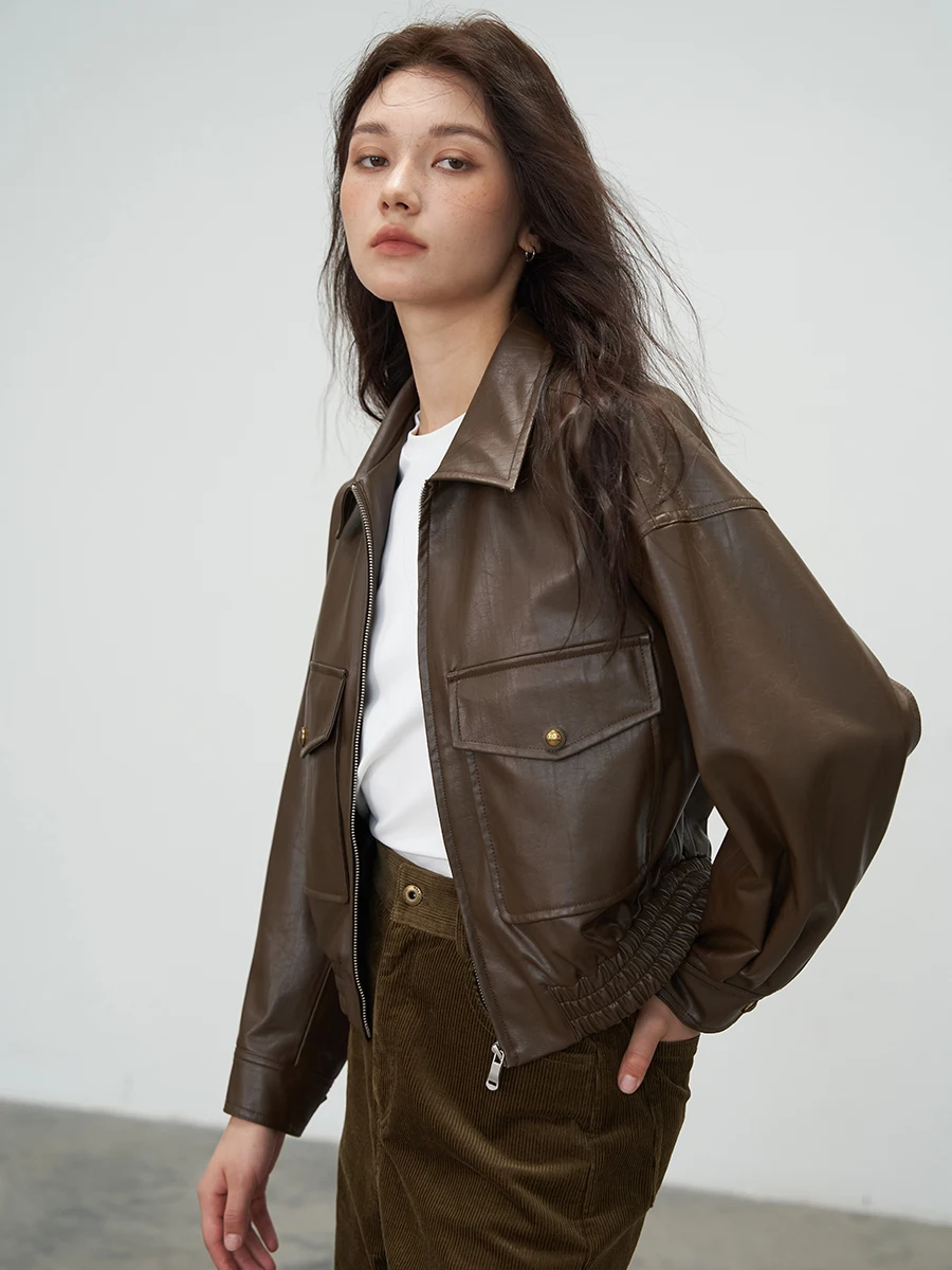 맨디엘림 브라운 가죽 재킷 여성용 봄 가을 오트 슬레 턴다운 칼라 마레다 스몰 사이즈 청소년 루즈핏 지퍼