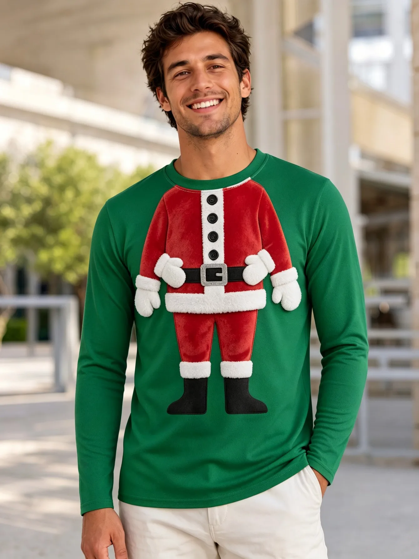 Unisex Couple Long Sleeve Ugly Christmas Tshirts Classic 3D Print Green Round Neck Santa Pattern Holiday Casual Top Men Clothing