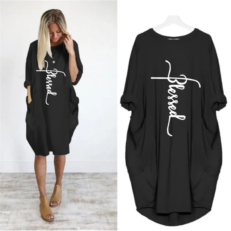 Plus Size Women Short Sleeve O-Neck Loose Casual Dresses Casual Short Sleeve Shirt Mini Dresses Round Neck Pockets Sexy Female T