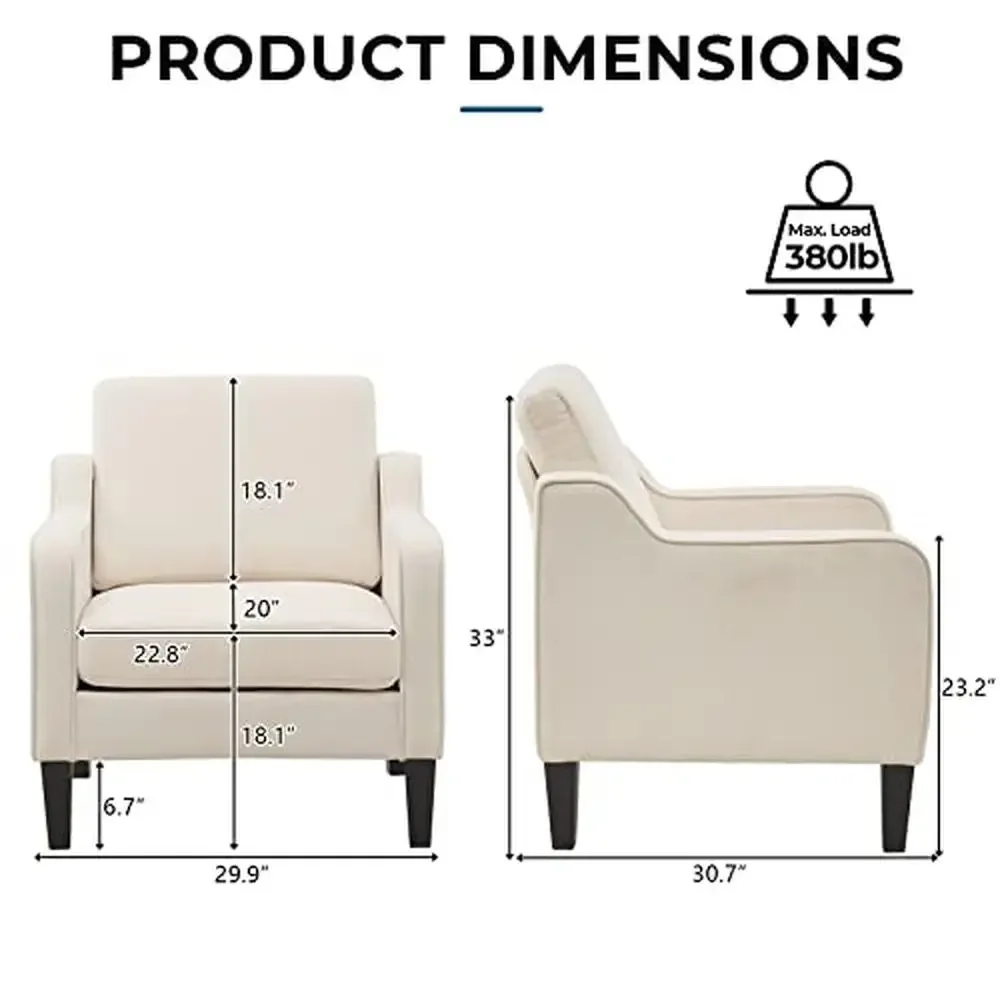 Modern Beige Fabric Armchair Scooped Arms Living Room Accent Chair Foam Cushions Sturdy Frame 380lbs Weight Limit Plush Comfort