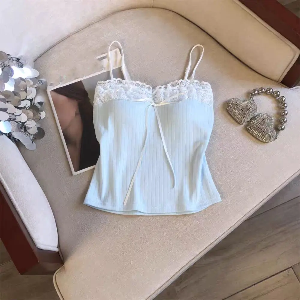 Modisches Schleifen-Slim-Spitzen-Crop-Top Süßes Unterhemd Mädchen-Weste Sommer-Camisole im Spice-Girls-Stil mit Polstern für Damen – Detail 12
