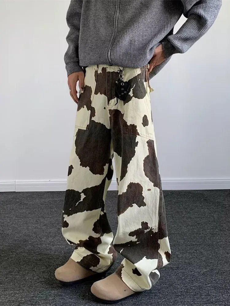 2025 cyber y2k streetwear padrão de vaca baggy novas calças jeans para roupas masculinas perna larga em linha reta algodão calças compridas ropa hombre