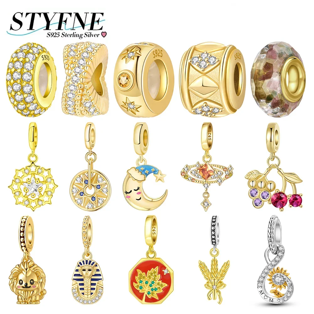 

Золотые подвески, блестящие цирконовые бусины, шапка для сна, милая подвеска с изображением Луны, планеты и астролябели, подходит для серебра 925, браслет «сделай сам», женские ювелирные изделия, подарок