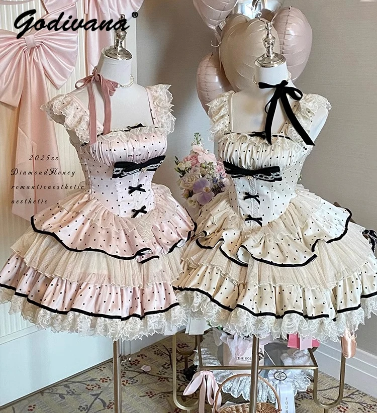 جديد الصيف الحلو فتاة المرأة منقطة سليم حمالة الدانتيل فستان الأميرة لطيف منتفخ قصيرة فساتين حفلة عيد ميلاد