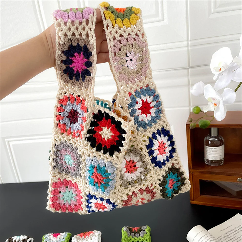 Flower Crochet Women\'S Shoulder Bag Designer Hollow Knitting Tote Soft Woven Handbag Beach Ethnic Style Bohemian Travel Shopper