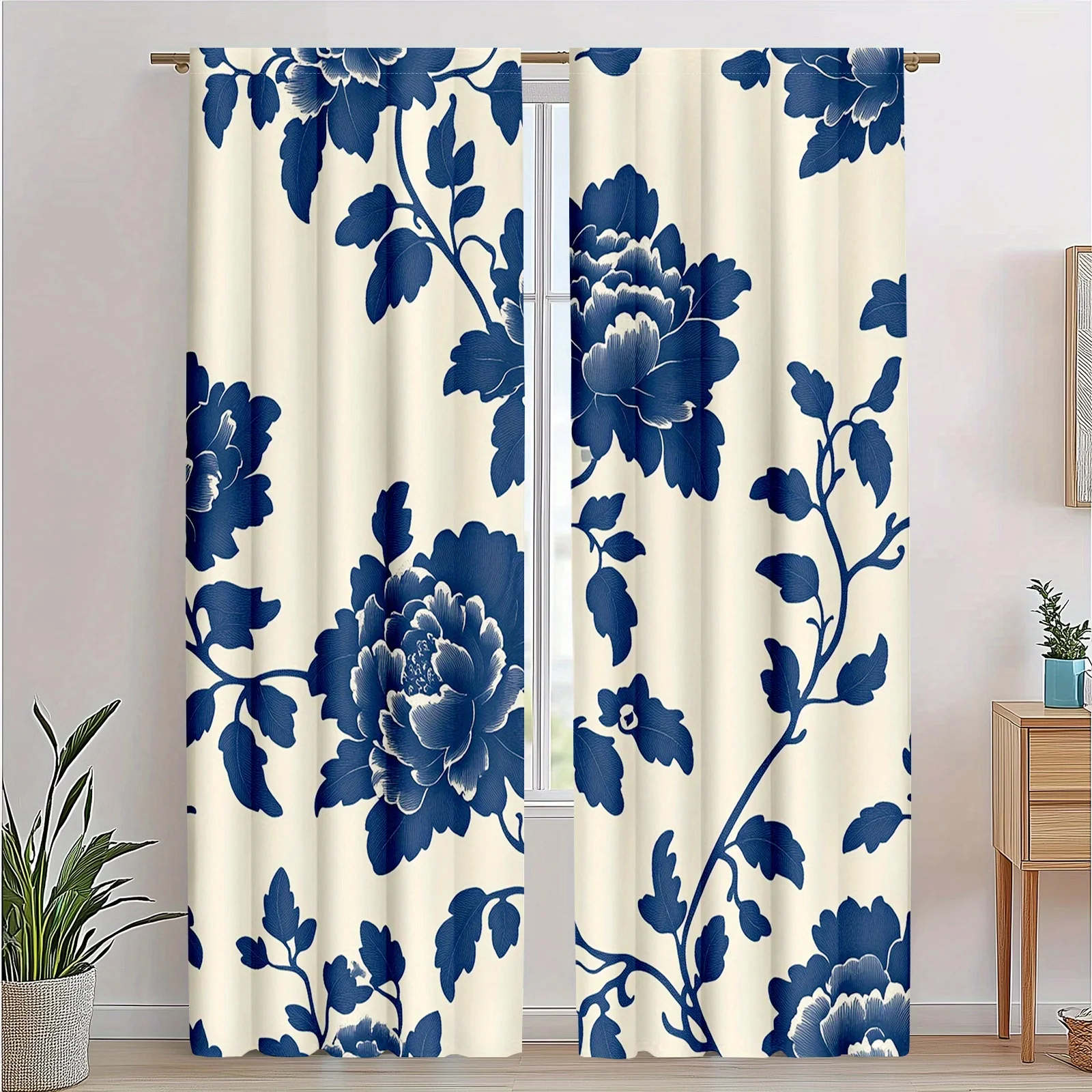 2pcs Decorative CurtainsBlue Lotus Door Curtain, Handcrafted Chinese for Home Divider
