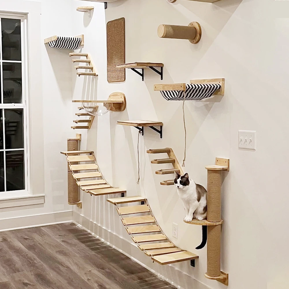 

Cat Hammock Wall Mounted Wooden Furniture Scratcher Kitty Beds Perches Stable Cats Wall Shelves For Sleeping Playing Climbing